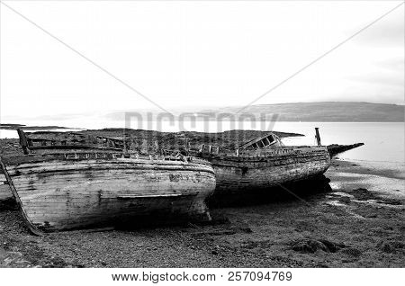 A View Of Rusting And Rotting Boats In Salen Bay On The Isle Of Mull