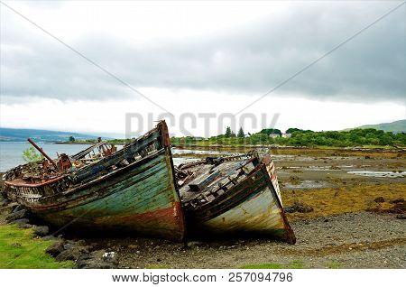 A View Of Rusting And Rotting Boats In Salen Bay On The Isle Of Mull