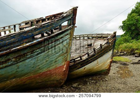 A View Of Rusting And Rotting Boats In Salen Bay On The Isle Of Mull