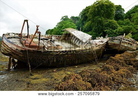 A View Of Rusting And Rotting Boats In Salen Bay On The Isle Of Mull