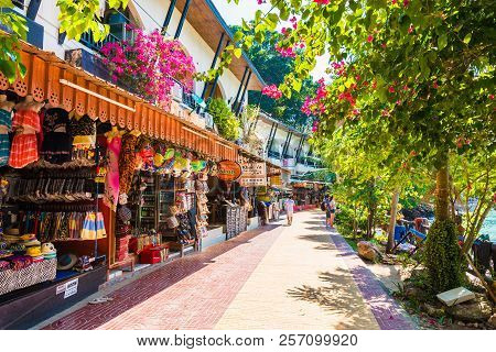 Tonsai Village, Phi Phi, Thailand - January 23, 2018: Street With Various Shops On Tonsai Village, P