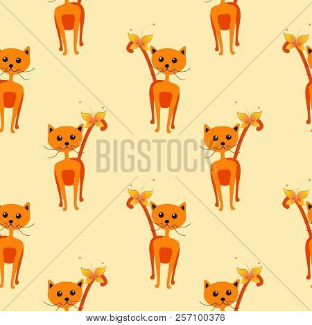 Seamless  Pattern With Cats.. Childish Illustration In Cartoon Style. Yellow A Brown Background.