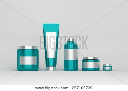 Mockup Of A Set Of Skin Care Products Packages. Light Blue Plastic Shiny Cosmetics Containers With W