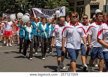 Prague, Czech Republic - July 1, 2018: People Parading At Sokolsky Slet, A Once-every-six-years Gath
