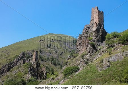 Aerial View From The Drone. Mountain Ingushetia, Medieval Tower Complex Vovnushki-stone Towers Stand