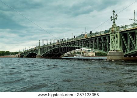 Trinity Bridge In St. Petersburg, Russia.  St. Petersburg, Russia. View Of The Neva River On The Tri