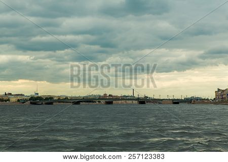 Trinity Bridge In St. Petersburg, Russia.  St. Petersburg, Russia. View Of The Neva River On The Tri