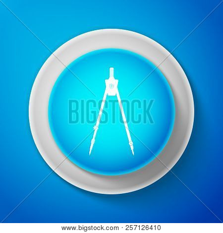 White Drawing Compass Icon Isolated On Blue Background. Compasses Sign. Drawing And Educational Tool