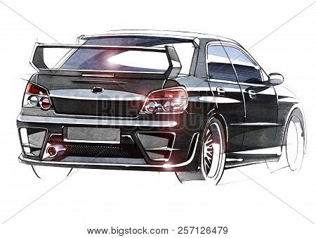 Sketch Urban Youth Car In A Sporty Style With A Powerful High-speed Motor.