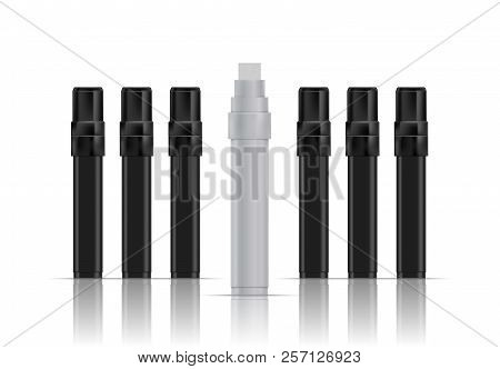 Open White Marker Next To Closed Black Markers. Broad Markers With Reflection And Shadow On White Ba