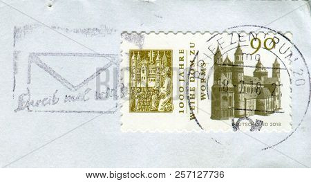 GOMEL, BELARUS, 15 AUGUST 2018, Stamp printed in Germany shows image of The St Peter's Dom is a church in Worms, southern Germany, circa 2018. 