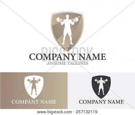 Bodybuilding Shield Logo Design Template Flat Style Design. Vector Illustration