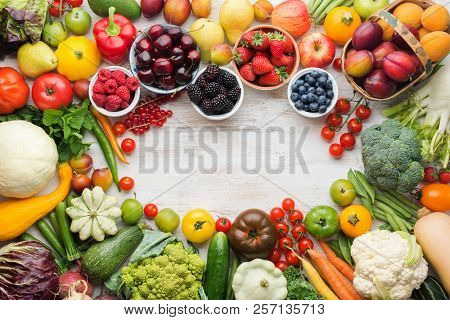 Healthy Summer Fruits Vegetables Berries Arranged In A Frame, Cherries Peaches Strawberries Cabbage 