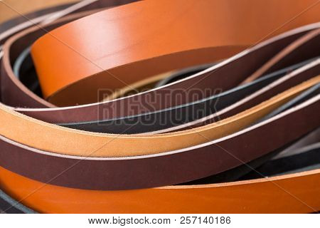 Many Colored Leather Pieces Close-up. Photo For Background.