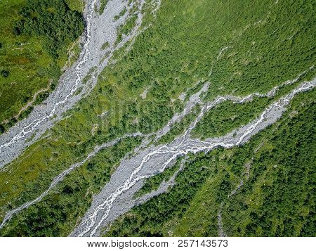 Aerial View From The Drone. The Valley Of The River Flowing From The Sofia Waterfalls, Lower Arkhyz,