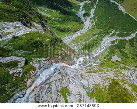 Aerial View From The Drone.the Source Of Sofia Waterfalls, Lower Arkhyz, Karachay Cherkess Republic.
