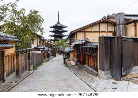 Kyoto, Japan, 04 October 2016:- Traditional Japanese street, Yasaka Pagoda in Kyoto city 