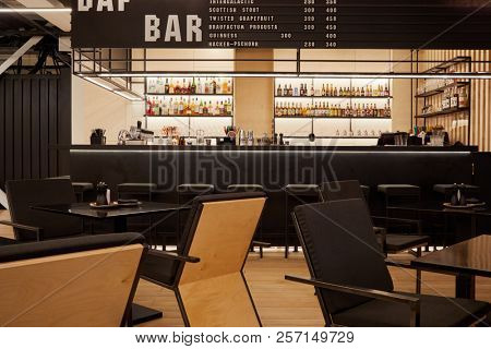 MOSCOW, RUSSIA - JAN 27, 2018: Interior of cafe and bar in Pool School. Main mission of School is the popularization of billiard sports.