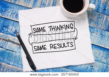 Same Thinking Same Results Words Letter, Written On Piece Of Memo Paper, Work Desk Top View. Motivat