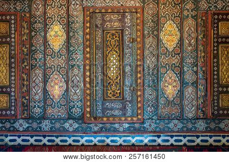 Cairo, Egypt - August 26 2018: Floral Ornaments Of Wooden Embedded Cupboards Painted With Colored Ge