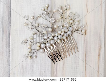Wedding Decoration On A Wooden Background, Decoration In A Hairdo