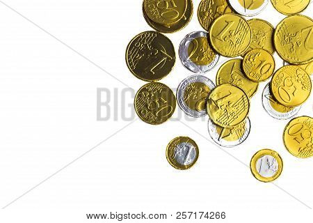 Fake Chocolate Money For Traditional Dutch Holiday Sinterklaas Isolated On A White Background