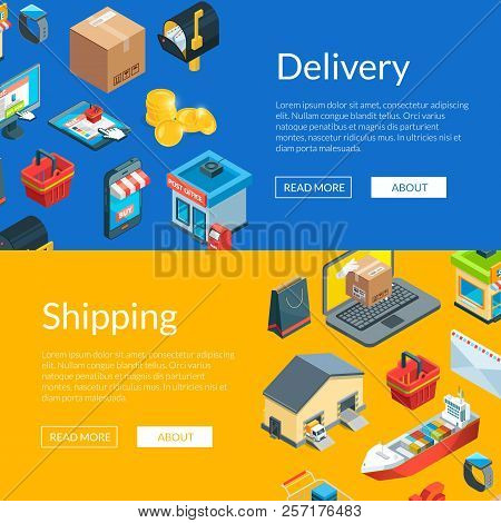 Vector Isometric Logistics And Delivery Icons. Web Banne And Poster Page Templates Illustration