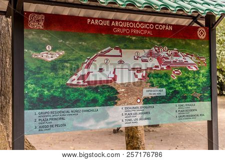 Copan Ruins, Copan, Honduras. February 2018. A View Of Signage In Copan Ruins In Honduras