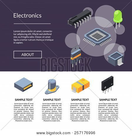 Vector Isometric Microchips And Electronic Parts Icons Landing Page Template Illustration