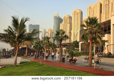Dubai, Uae - May 08, 2018: Dubai Marina Promenade At Sunset. .dubai Marina Skyscrapers View, Dubai, 