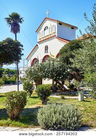 Kos, Greece - July 3, 2018. Principal Facade Of The Church Of Evangelismos, Kos Town Cathedral. View