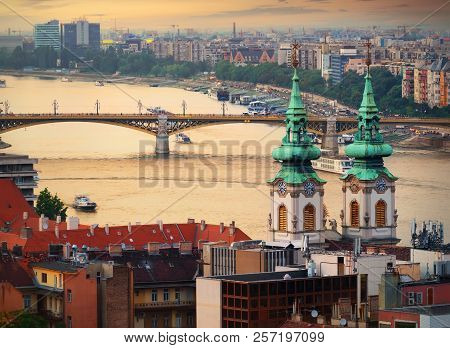 Margaret Bridge And St Anna Church In Budapest At Sunset, Hungary