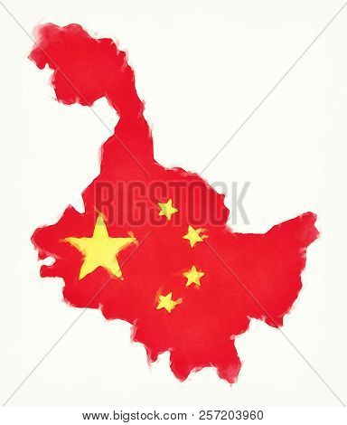 Heilong China Watercolor Map With Chinese National Flag Illustration