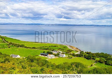 Farms With Cows And Horses In Burren Way Trail With Galway Bay
