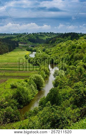 Dnister River Landscape In Ternopil Region Of Western Ukraine. Idillyc View From Above