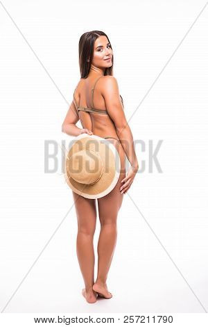 Young Beauty Woman With Perfect Slim Saxy Body Cover Her Back With Straw Hat Isolated On White Backg