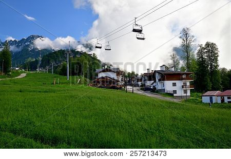 Rosa Khutor, Russia - June 1. 2018. Ski Resort And Hotel Chalet Rose In Summertime