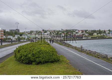 Iceland, Hafnarfjordur, July 9, 2018: Fjordur, Fjardargata View On Main Street And Sea Bank Of Hafna