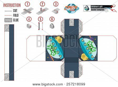 Bright Box With Ufo For Children. Assembly And Cutting. Stock Vector Illustration