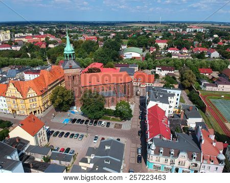 BIALOGARD, POLAND - 17 AUGUST 2018 - Aerial view on Bialogard city center with historical Cathedral.
