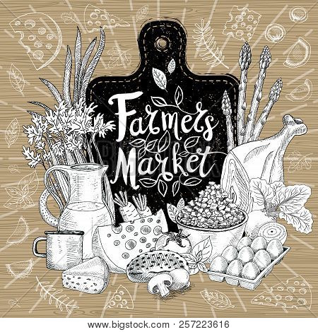Farmers Market, Logo Design, Healthy Food Shop. Vegetables, Fruits, Meat, Milk, Eggs, Bread. Organic