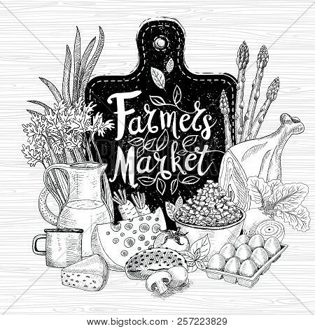 Farmers Market, Logo Design, Healthy Food Shop. Vegetables, Fruits, Meat, Milk, Eggs, Bread. Organic