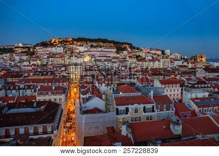 Castle Of Saint George And Lisbon Downtown, Dusk