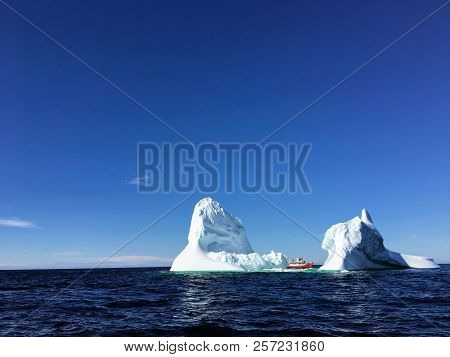 Tour Boat Viewing Massive Iceberg Off The Coast Of Twinlingate, Newfoundland And Labrador, Canada