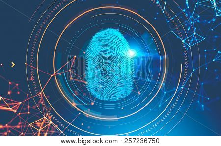 Blue Glowing Dactylogram In Cui And Hud Over Dark Blue Futuristic Interface With Polygons. Id And Hi