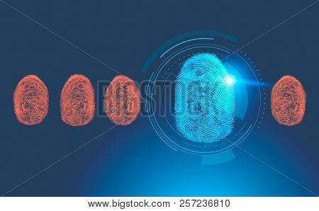 Blue Glowing Dactylogram In Cui And Hud In A Row Of Smaller Red Fingerprints Over Dark Blue Backgrou