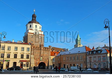 Lublin, Poland - January 18, 2018: Krakow Gate (brama Krakowska) In Lublin Old Town
