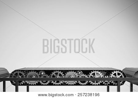 Empty Conveyor Belt Over Gray Background. Concept Of Mass Production, Delivery And Consumerism. 3d R