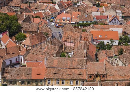 Sibiu, Romania - July 30, 2018: High Angle General View Of Rooftops In Sibiu, Transylvania