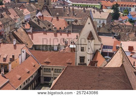 Sibiu, Romania - July 30, 2018: High Angle General View Of Rooftops In Sibiu, Transylvania